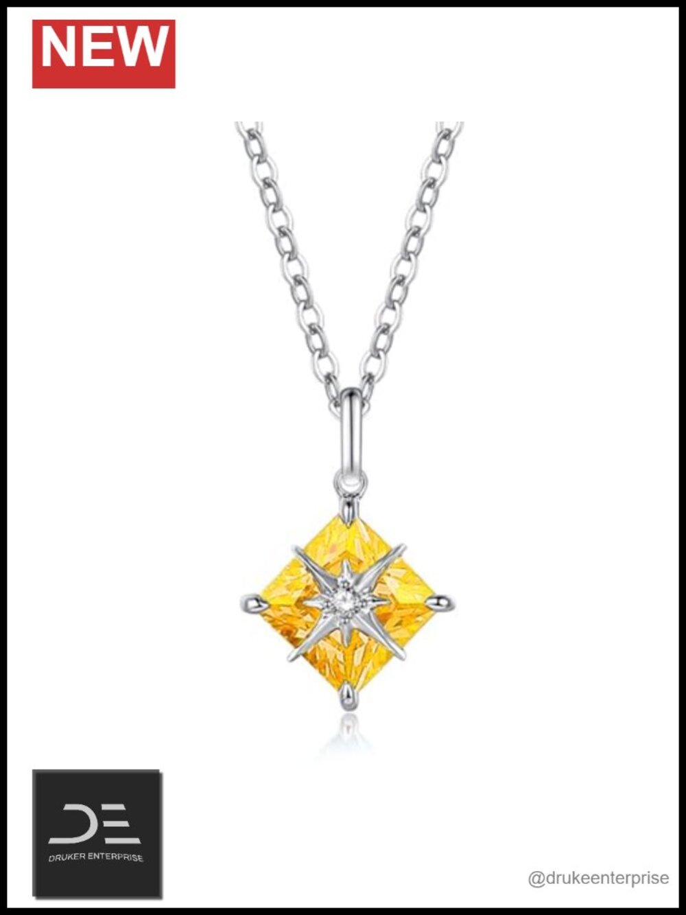 14K Solid White Gold Starburst Pendant Necklace with Created Citrine Diamond